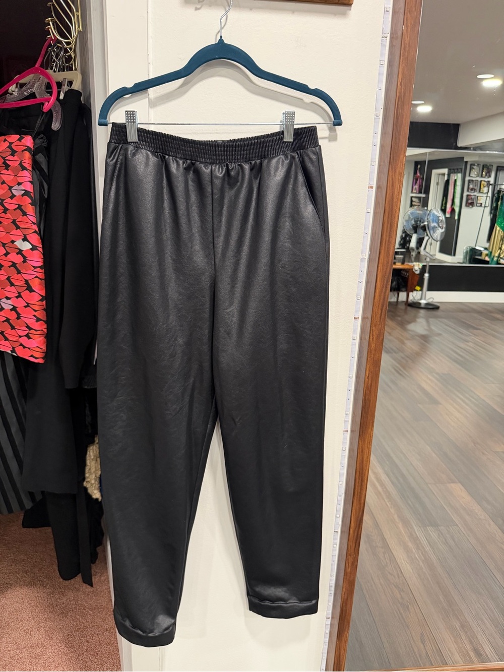 Women’s Black Faux Leather Jogger Pants - Elastic Waist